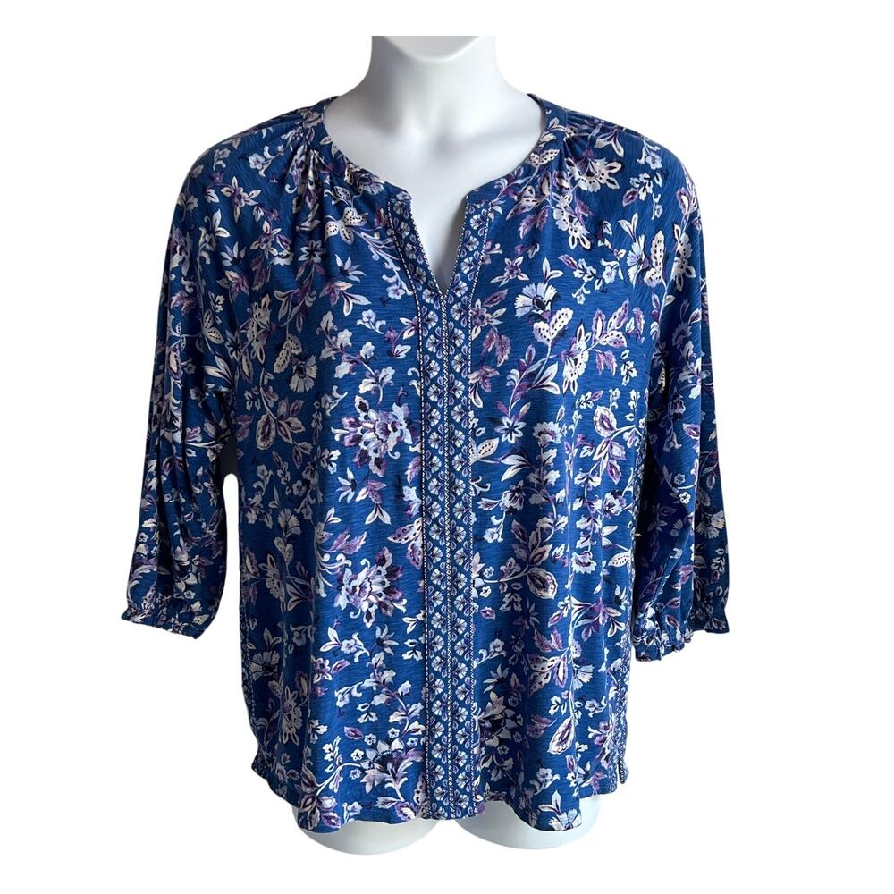 J. JILL BLUE FLORAL SPLIT V-NECK BLOUSE BOHO BORDER PRINT WOMENS LARGE TALL - Picture 2 of 11